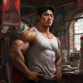 asian man big pecs, in a white tank top standing in a room