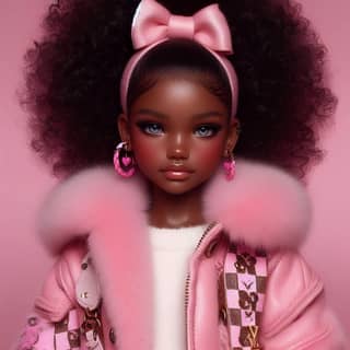 a black doll with a pink coat and earrings