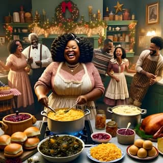 a black woman is cooking in a kitchen with a group of people