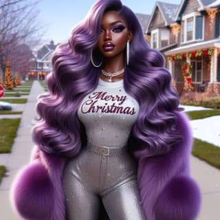 a black woman with long purple hair and a christmas sweater