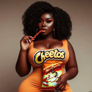 in a cheetos dress holding a bag of chips