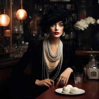 coco chanel in a bar, in a black dress and hat sitting at a table with a plate of cookies