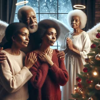 Afroamerikanische Familie steht vor einem Weihnachtsbaum.