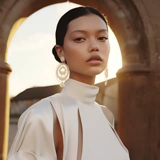 Une femme en robe blanche et boucles d'oreilles posant devant une arche avec des bijoux modernes, sous le ciel ambré et l'aube.