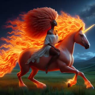 with a fiery red hair riding a unicorn