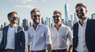 Quatre hommes en costume debout devant la ville, certains avec des accents bleus, heureux et ensemble.