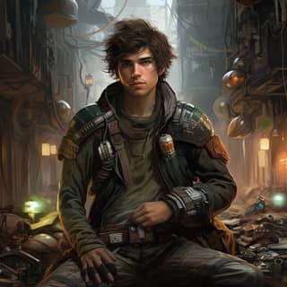 in his early 20s brown hair shaggy looks like a wanderer sci-fi star wars has alot of tech including gauntlets and boots