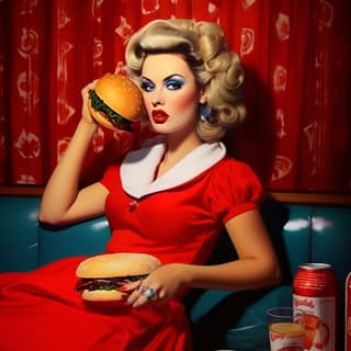 https://s mj run/qeCWp3skvTg americana is an american girl sitting on a couch eating a hamburger while drinking soda in the