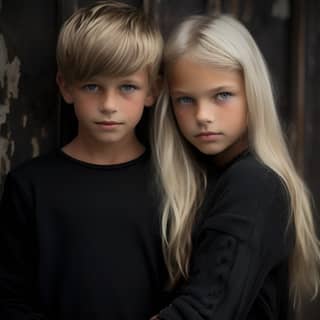 Dois crianças, uma loira e outra de cabelo preto, posam para uma foto.