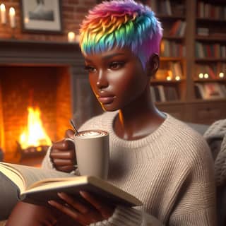 with rainbow hair reading a book