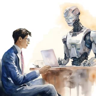 a robot is using a laptop with an Asian businessman in an office simple watercolor