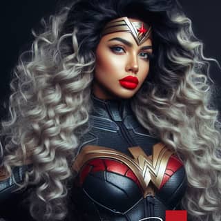 wonder woman with long curly hair and black suit