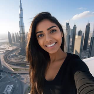 Una joven mujer de Sri Lanka se toma un selfie fuerte y sonriente frente al Burj Khalifa.