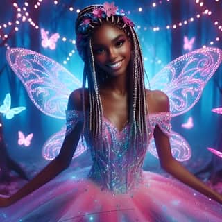 black woman in a pink and blue dress with butterflies