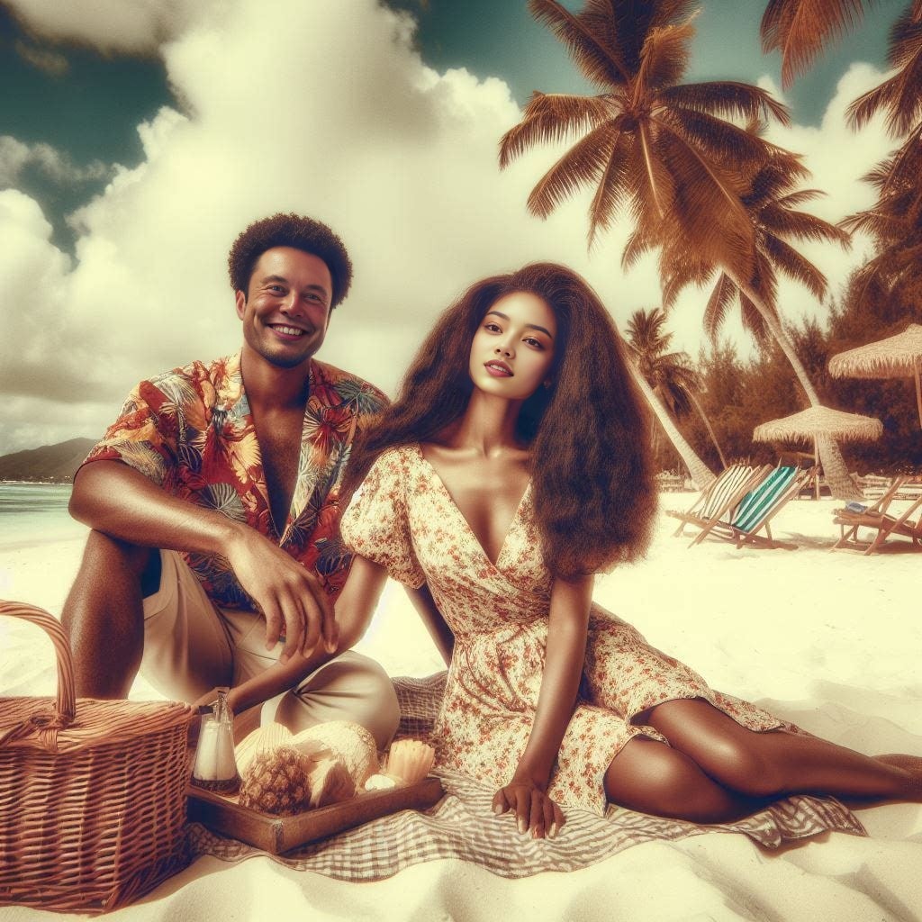 a couple sitting on the beach with a picnic basket