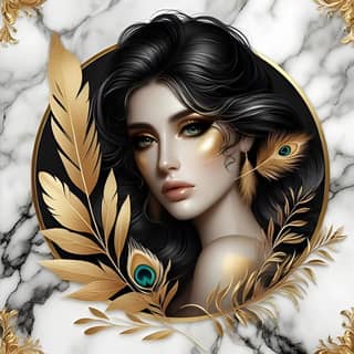 golden girl with black hair and feathers on her face