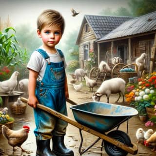 a little boy with a wheelbarrow and a chicken in the background