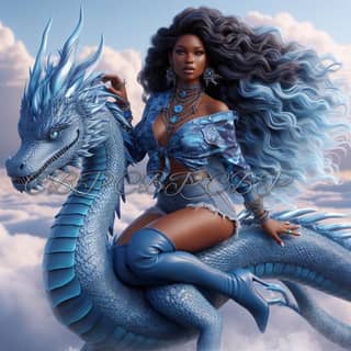 with long curly hair is riding on a blue dragon