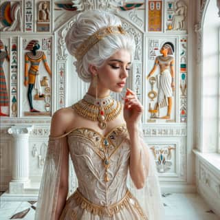 in an egyptian dress is posing in a room