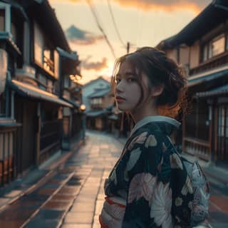 in a kimono is walking down an alley