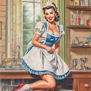 in a maid outfit sitting on a kitchen counter