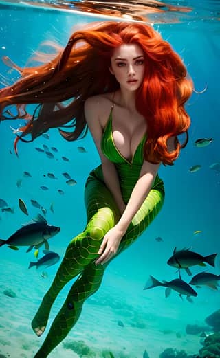 a mermaid in a green dress with red hair