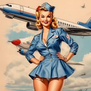 Ein Pin-up-Mädchen in einer blauen Uniform mit einem Flugzeug im Hintergrund.