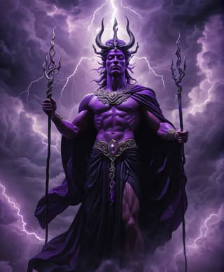the god of thunder is standing in the middle of a purple sky