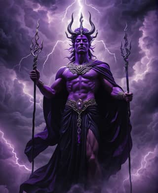 El dios del trueno está de pie en medio de un cielo morado.