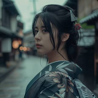 in a traditional kimono is walking down a narrow alley