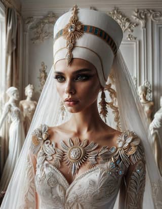 in a wedding dress and a headdress