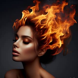 woman with fire burning on her head