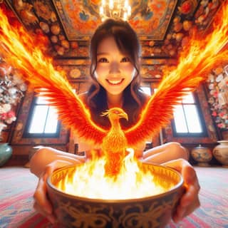 is holding a bowl with a fire phoenix on it