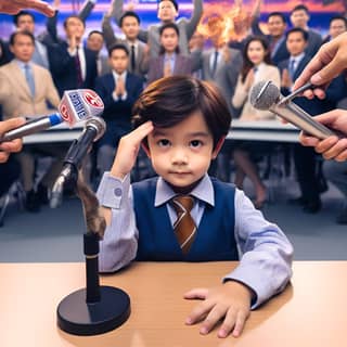 Um jovem menino em traje formal está segurando um microfone.