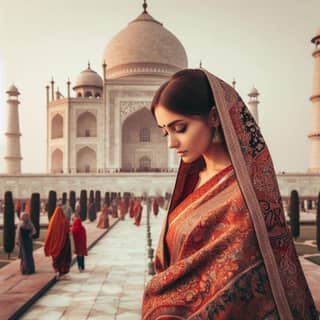 woman in an indian sari is standing in front of the taj mahal