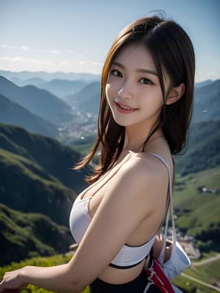 in a bikini top posing on a mountain