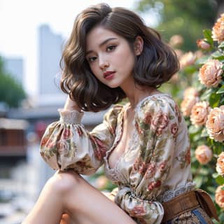 in a floral top sitting on a bench