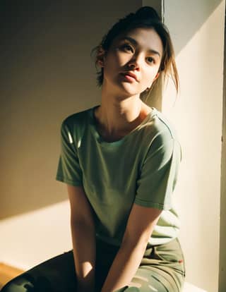 in a green shirt sitting on a chair