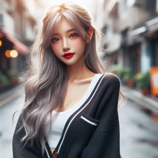 with long hair and red lipstick