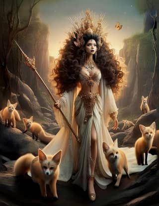 with long hair and a staff is surrounded by foxes