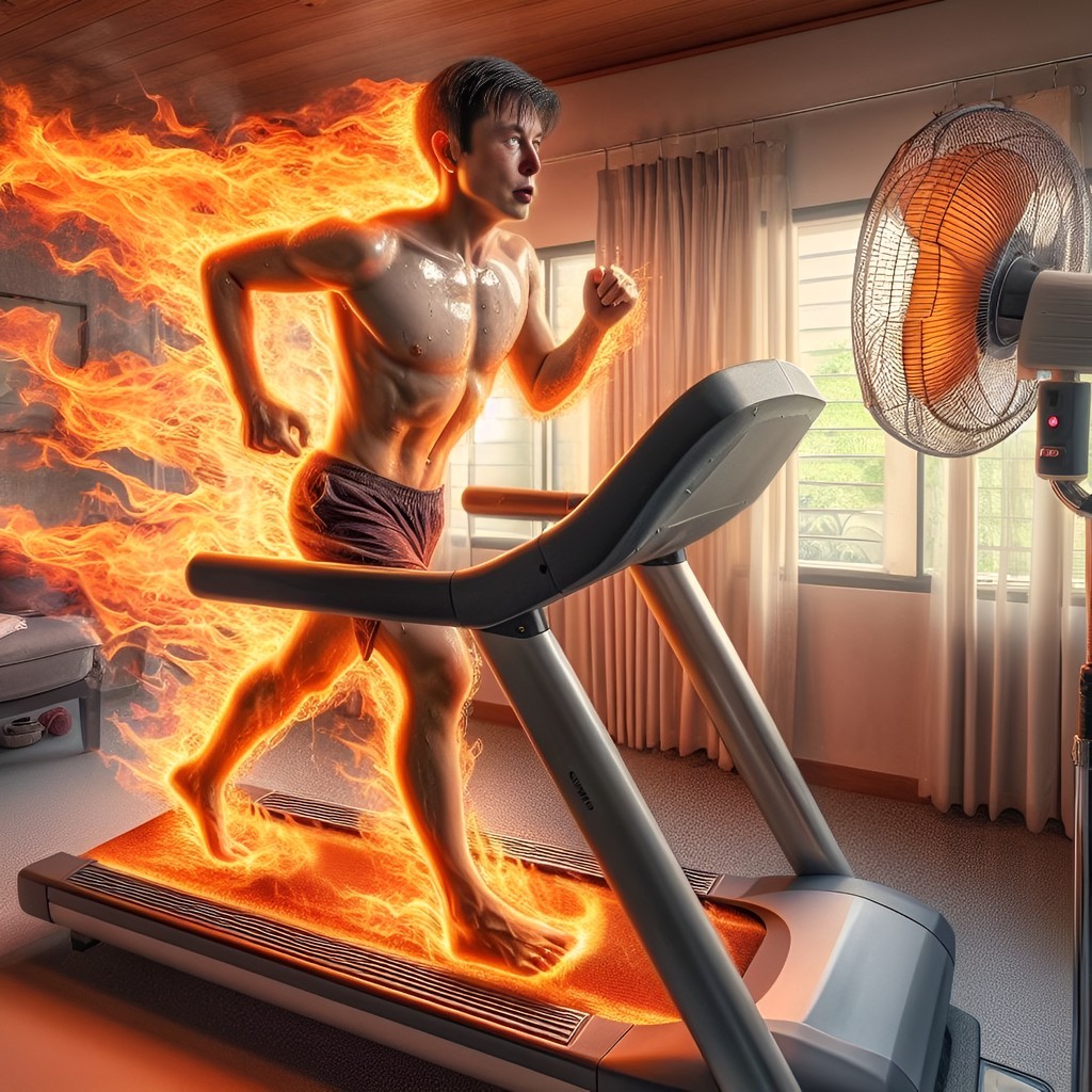 running on a treadmill with fire coming out of his chest