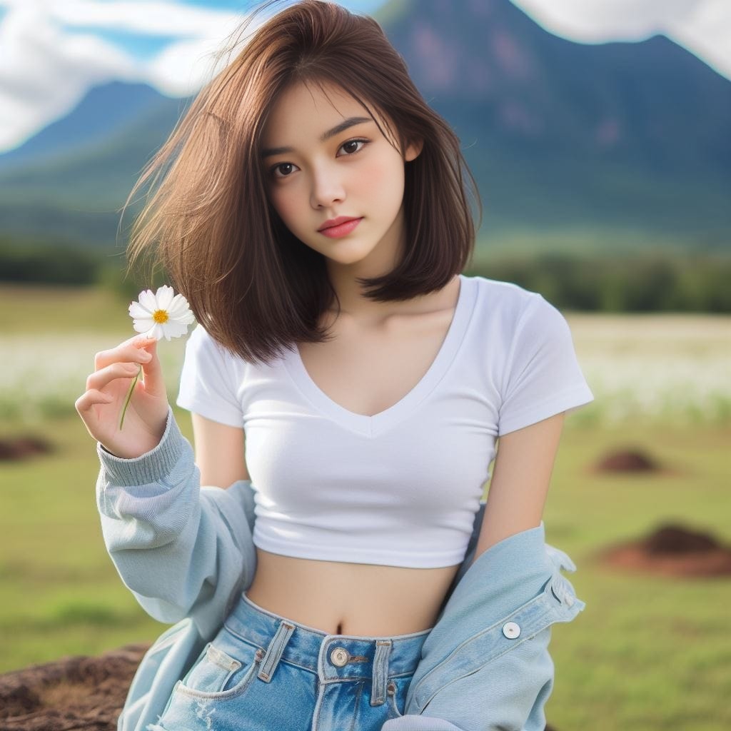 beautiful asian girl holding a flower in her hand