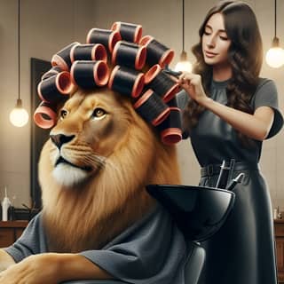 Una mujer está peinándose el cabello por un león.