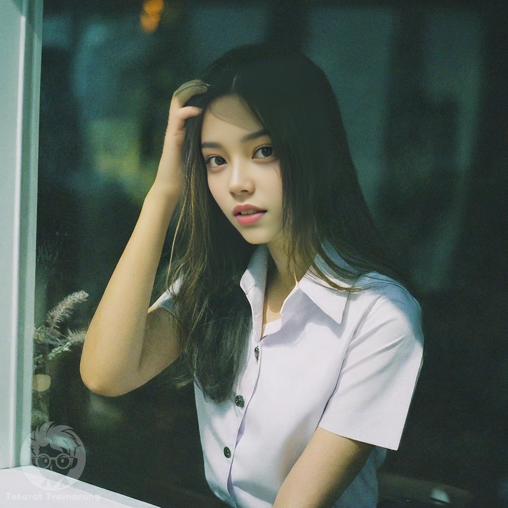 in a white shirt sitting in front of a window