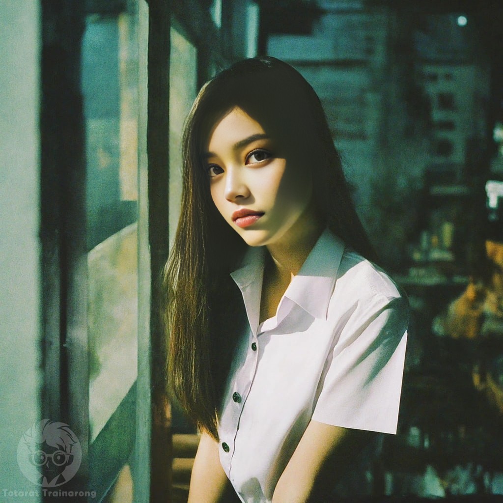 in a white shirt standing by a window