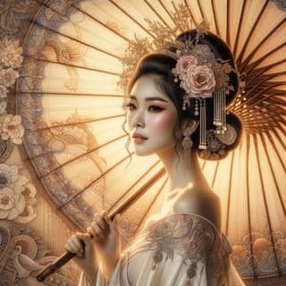 woman in oriental clothing holding a fan