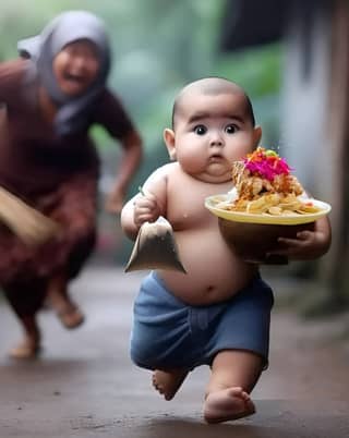 a baby is running with a bowl of food