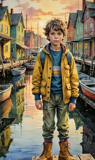 a boy standing on a dock in front of houses