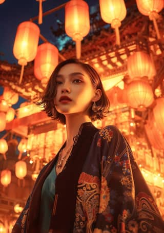 in oriental clothing stands in front of a chinese lanterns