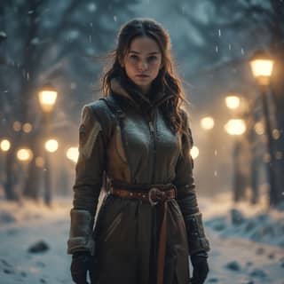 woman in a winter coat standing in the snow
